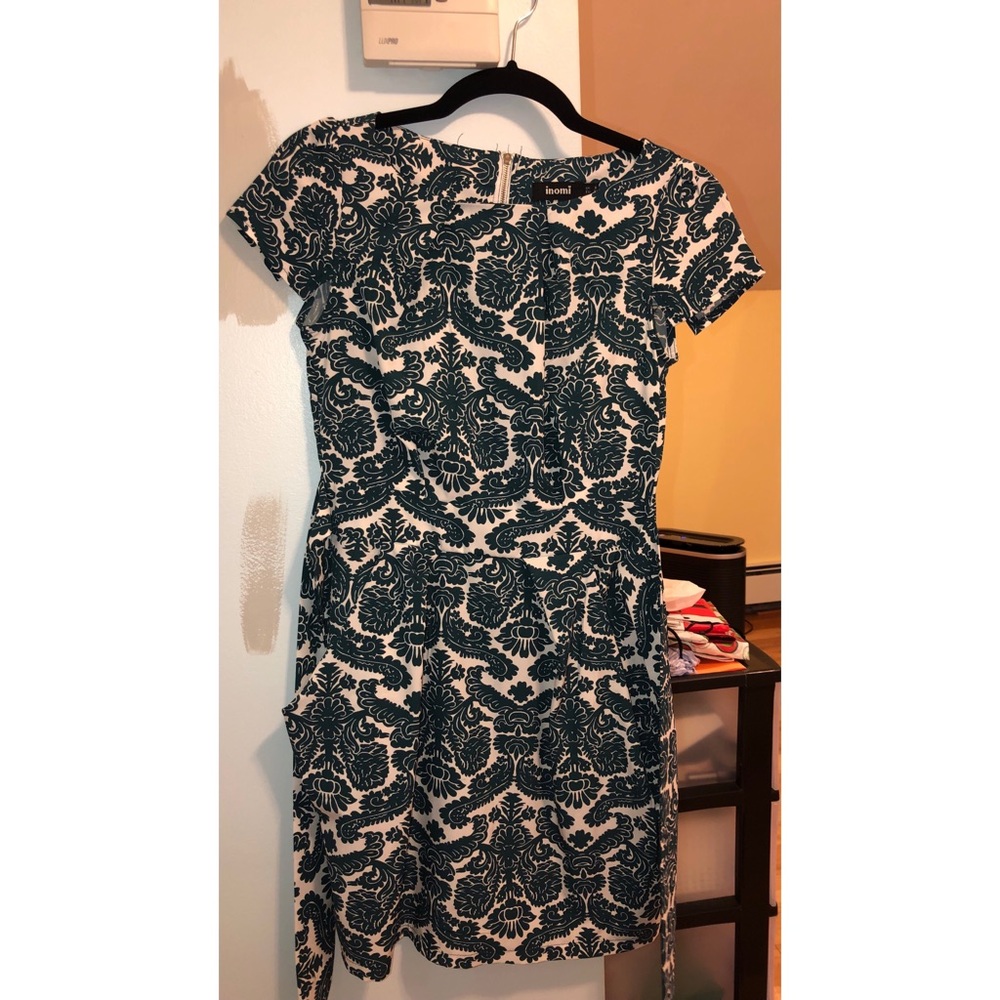 Green Damask Tie Back Dress w/Pockets -Pleated